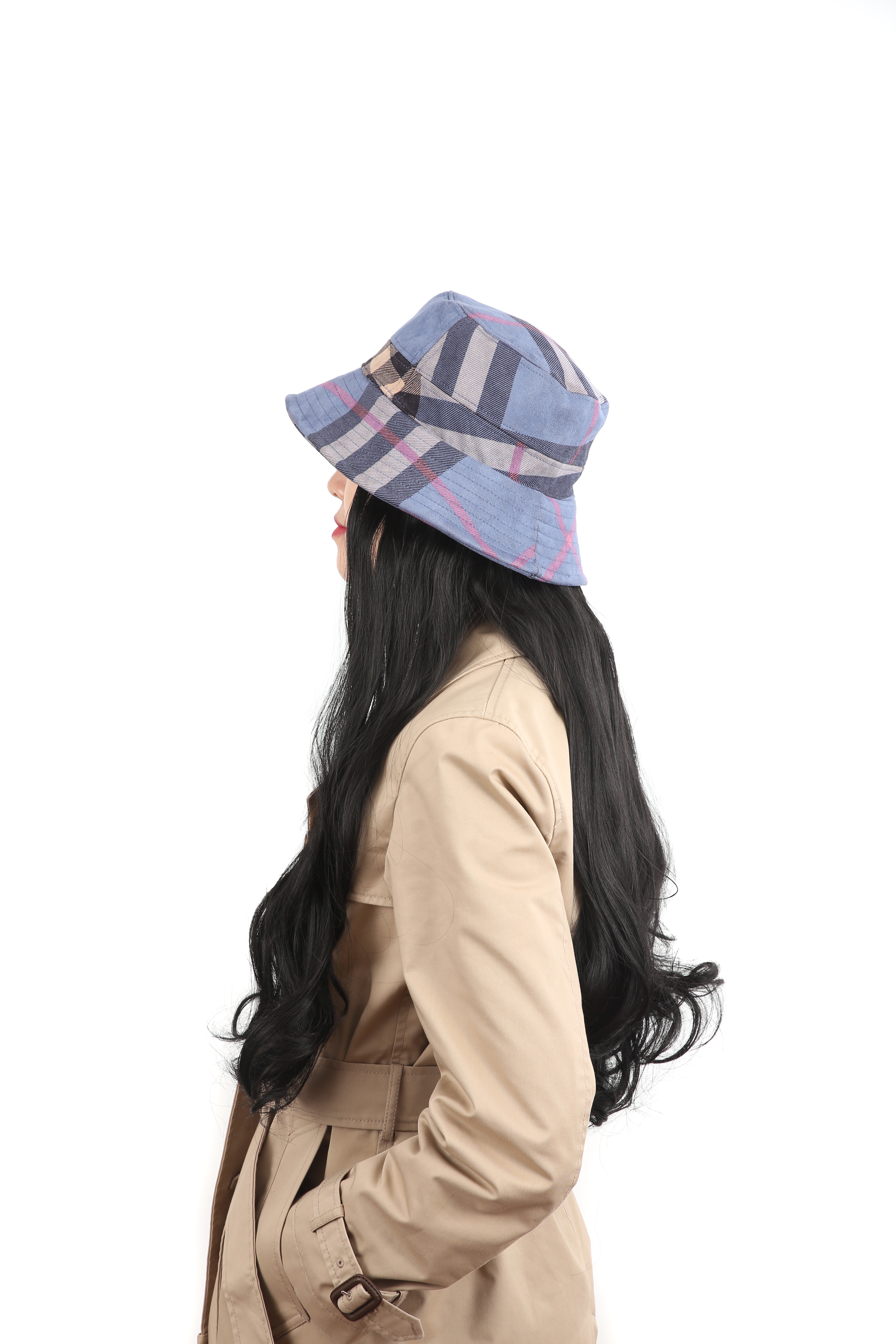 Venta directa de fábrica influencers estilo moda multiplo coreano versión flip piel azul cuadrícula sombrero de pescador mujer cabello largo rizado removible sombrero de peluca Specification image