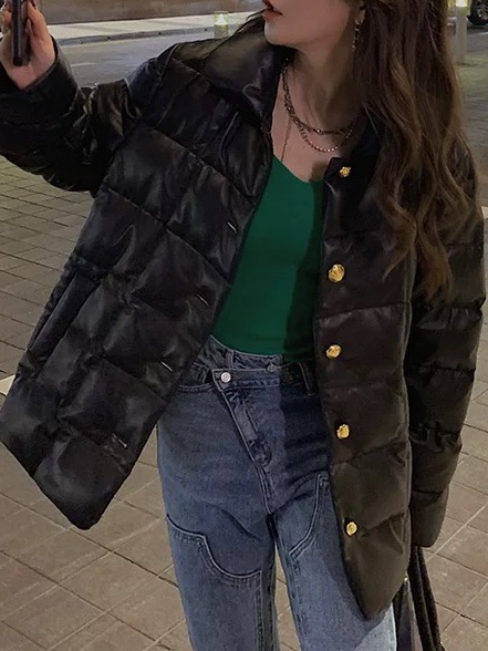 进口绵羊皮革鹅绒羽绒服外套 黑