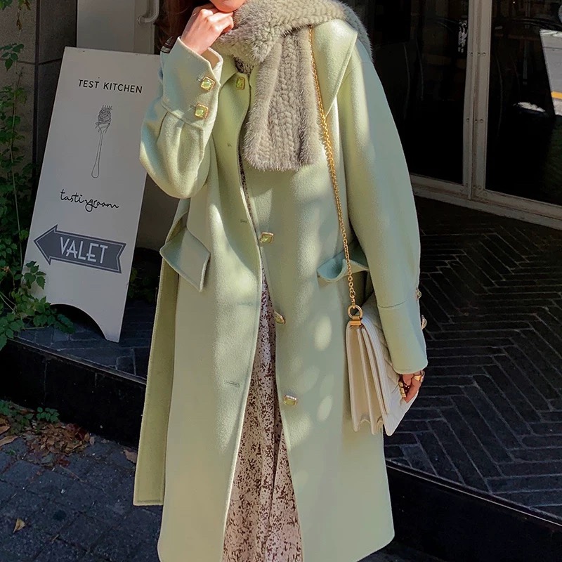 羊毛海军风翻领双面呢大衣女长款外套 绿色