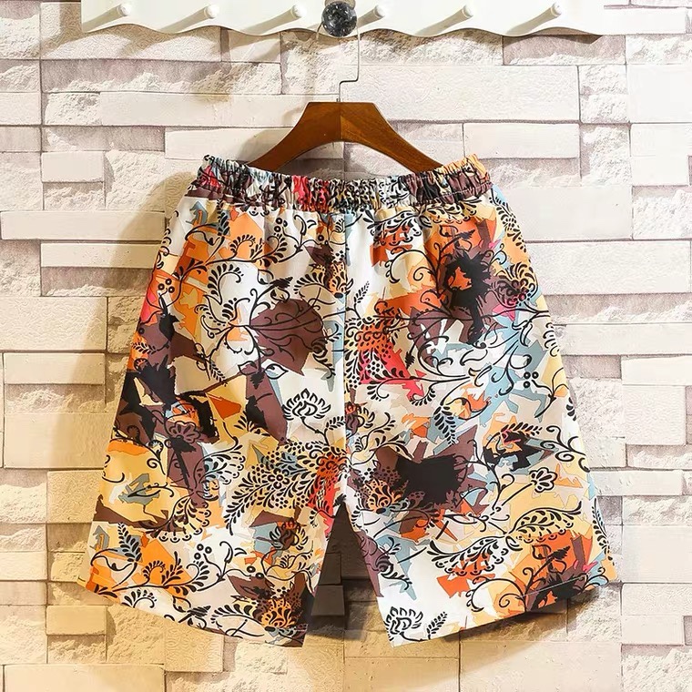 Fat summer floral shorts for men's fashion and oversized casual slits, summer capri pants, loose quick-drying beach pants