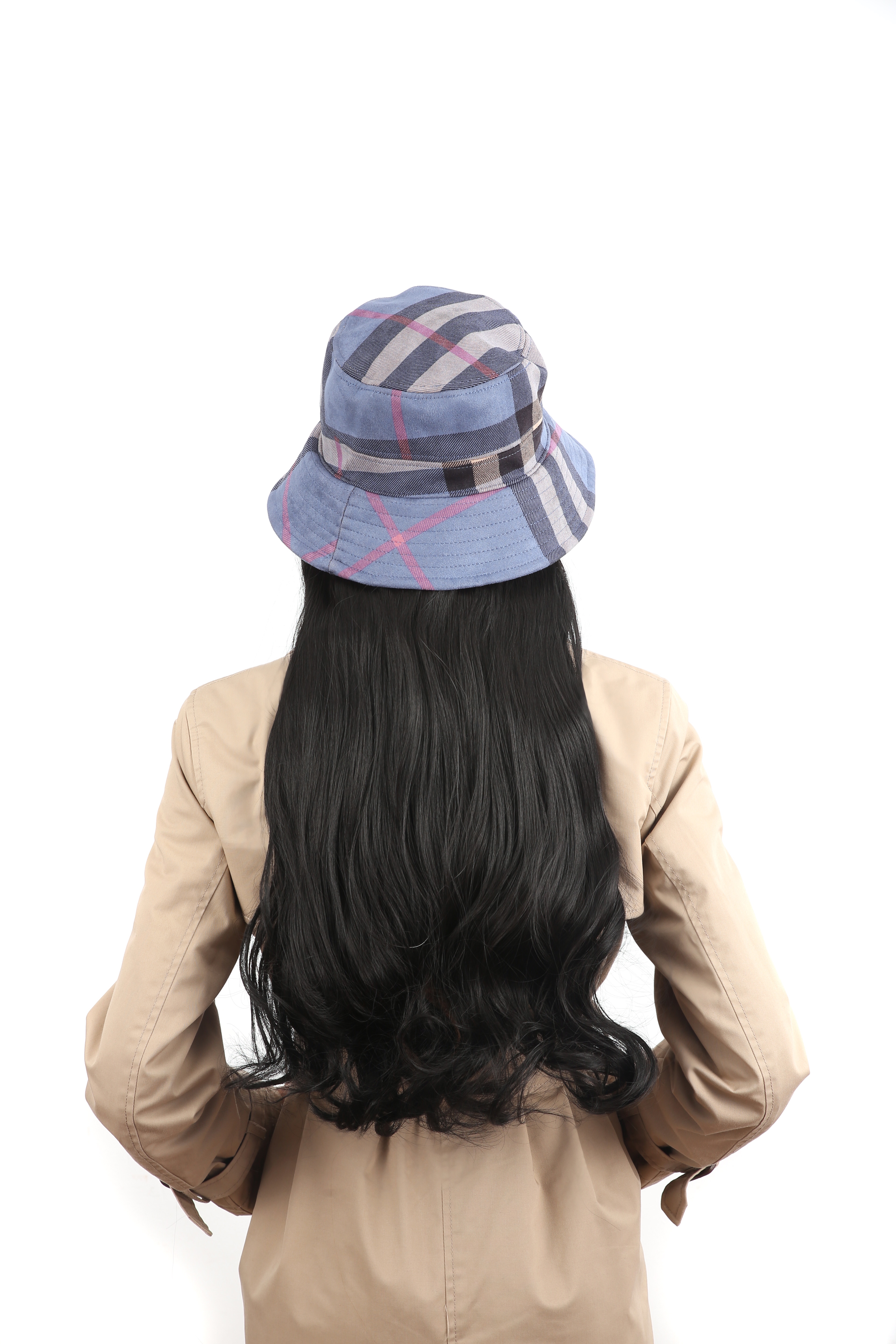 Venta directa de fábrica influencers estilo moda multiplo coreano versión flip piel azul cuadrícula sombrero de pescador mujer cabello largo rizado removible sombrero de peluca details Picture