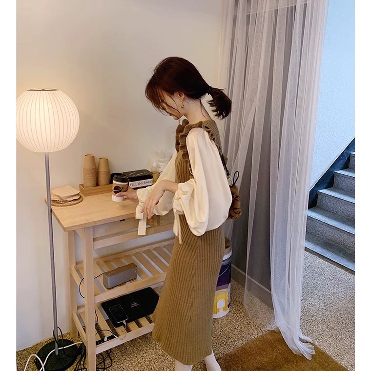 假两件木耳边拼接针织连衣裙女圆领灯笼袖裙子 棕