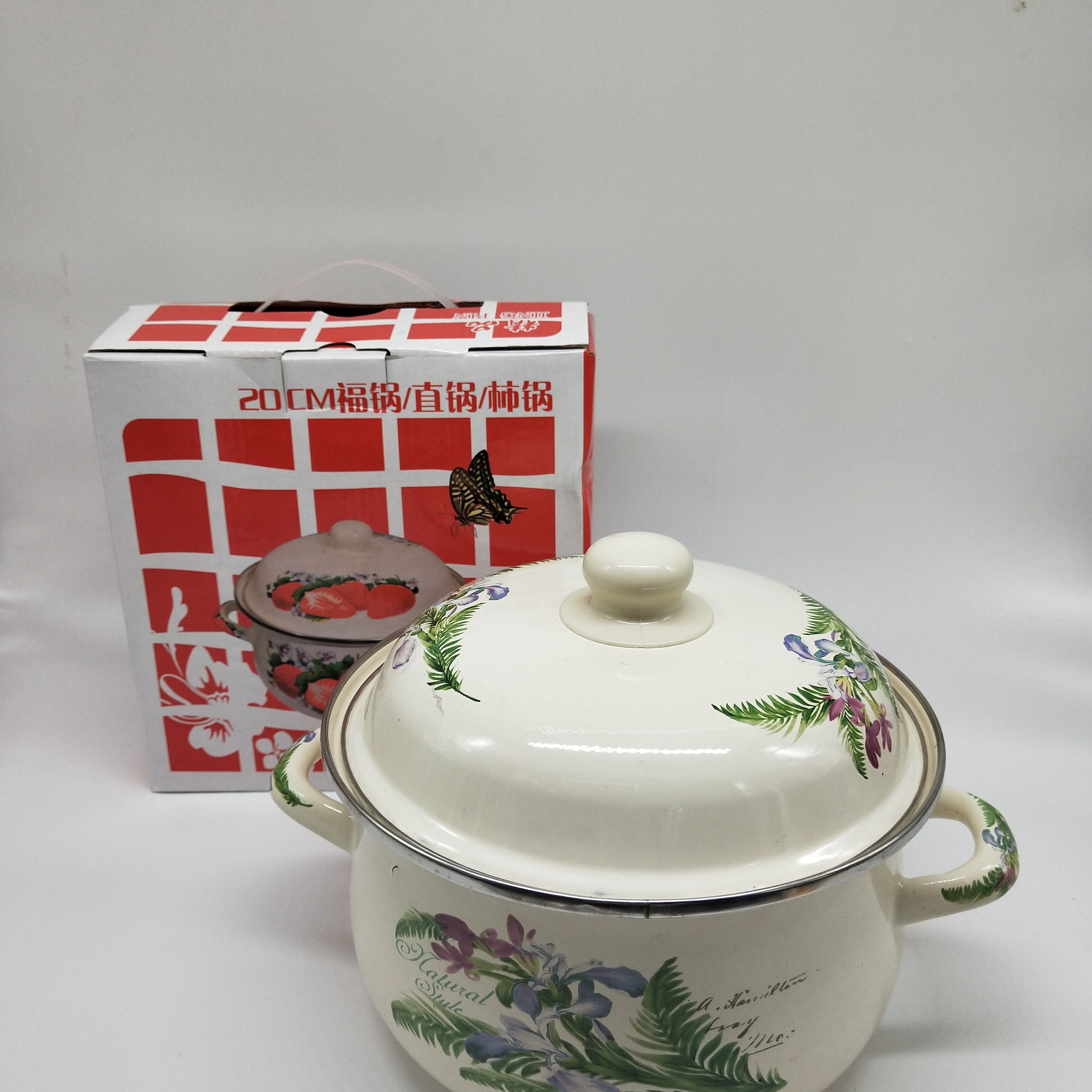 Household practical thickening enamel printed persimmon type pot porridge pot noodles pot double ear stew pot soup pot