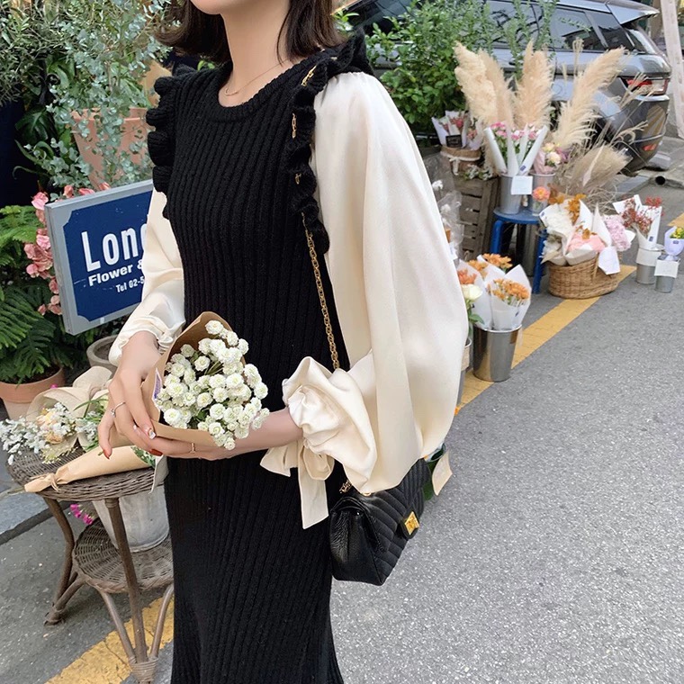 假两件木耳边拼接针织连衣裙女圆领灯笼袖裙子 黑