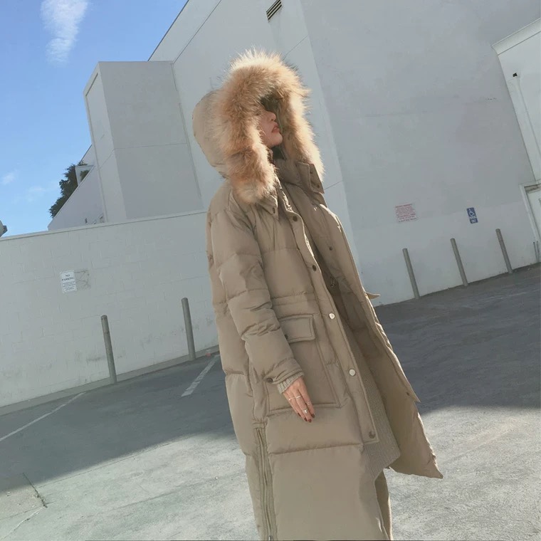 长款过膝羽绒服女可脱卸貉子毛大毛领 灰绿