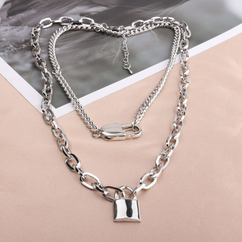 A new European and American internet-famous double-layer lock pendant necklace, a female hip-hop cold style disco lock head and neck chain, collarbone chain Specification image
