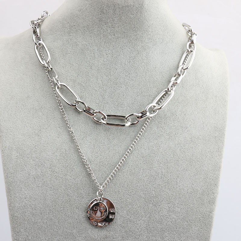 European and American exaggerated Internet celebrity hip-hop hoodie, double-layer smiling face necklace, female coin pendant, sweater chain, personalized collarbone chain trend detail image 3