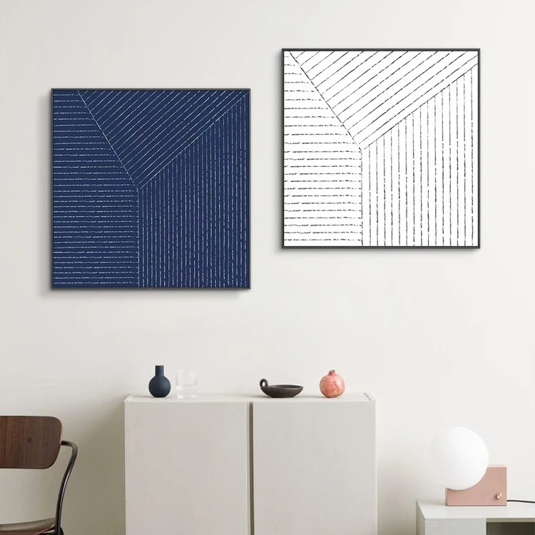 Modern, light luxury and minimalist Nordic decorative paintings with blue, white and yellow lines, bedroom and living room wall paintings, hotel murals and entrance paintings detail image 8