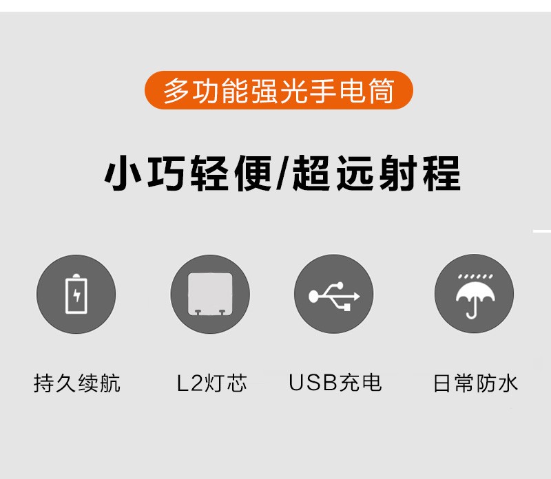 手电筒强光充电户外usb超亮远射小型迷你便携led多功能家用耐用灯详情图2