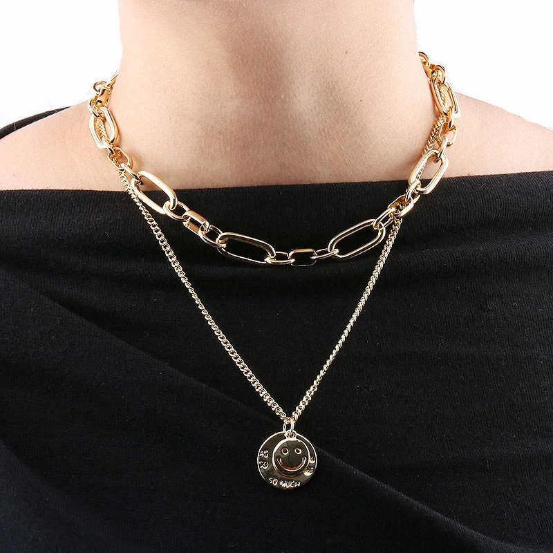 European and American exaggerated Internet celebrity hip-hop hoodie, double-layer smiling face necklace, female coin pendant, sweater chain, personalized collarbone chain trend detail image 1
