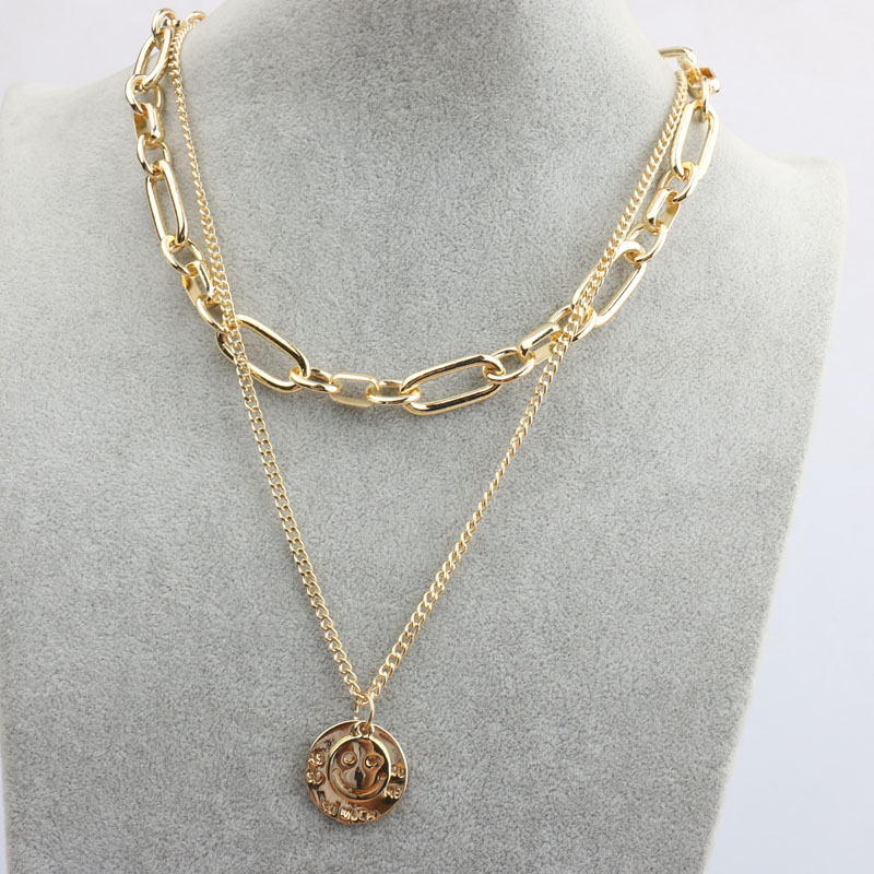 European and American exaggerated Internet celebrity hip-hop hoodie, double-layer smiling face necklace, female coin pendant, sweater chain, personalized collarbone chain trend Specification image
