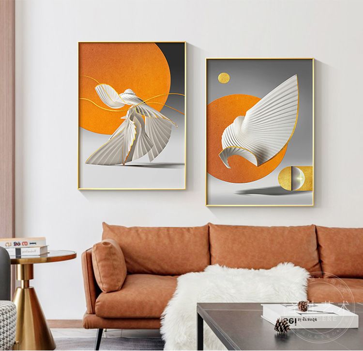 Modern and simple decorative paintings for the entrance foyer, orange minimalist background wall paintings for the living room, and light luxury corridor hanging paintings details Picture