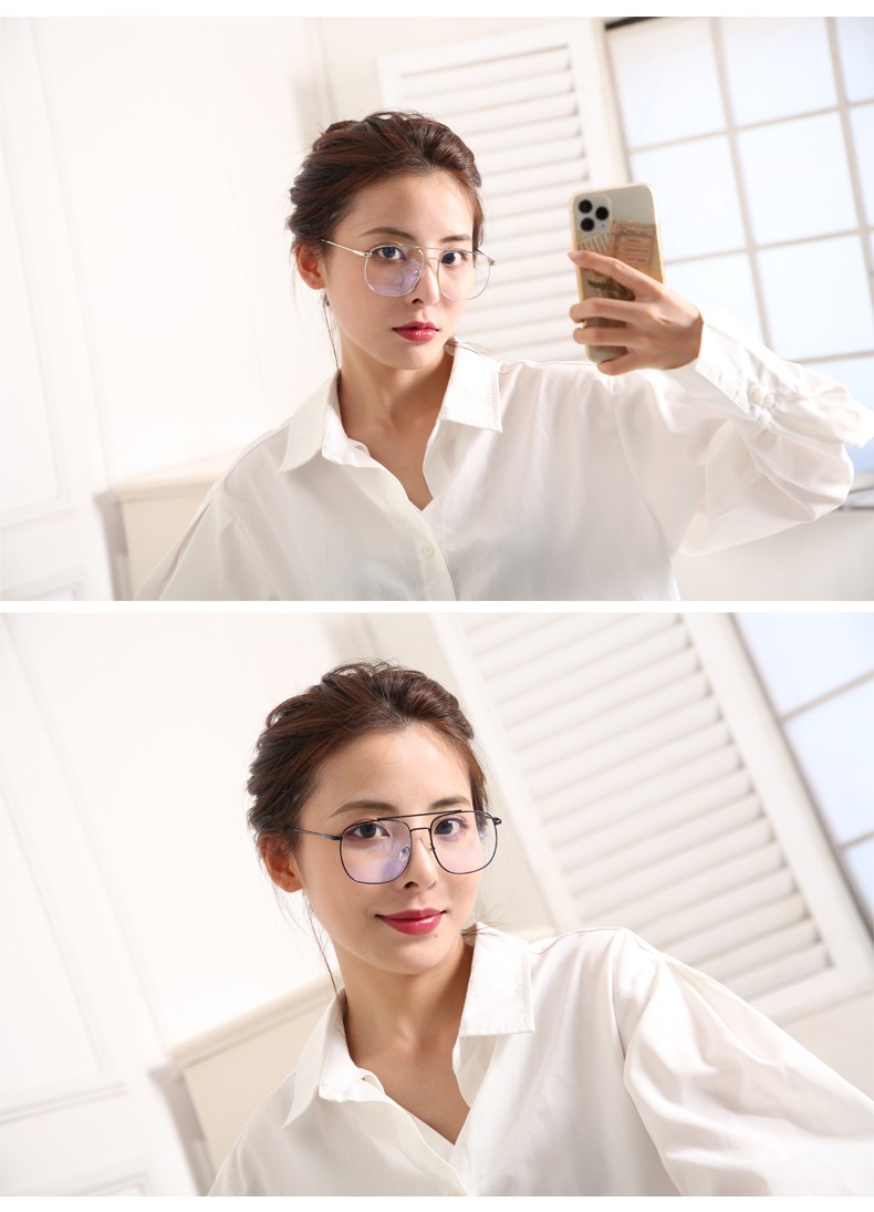 Retro double-beam glasses, large frame metal classic polygonal anti-blue light glasses, mobile phone and computer glasses 9822 detail image 1
