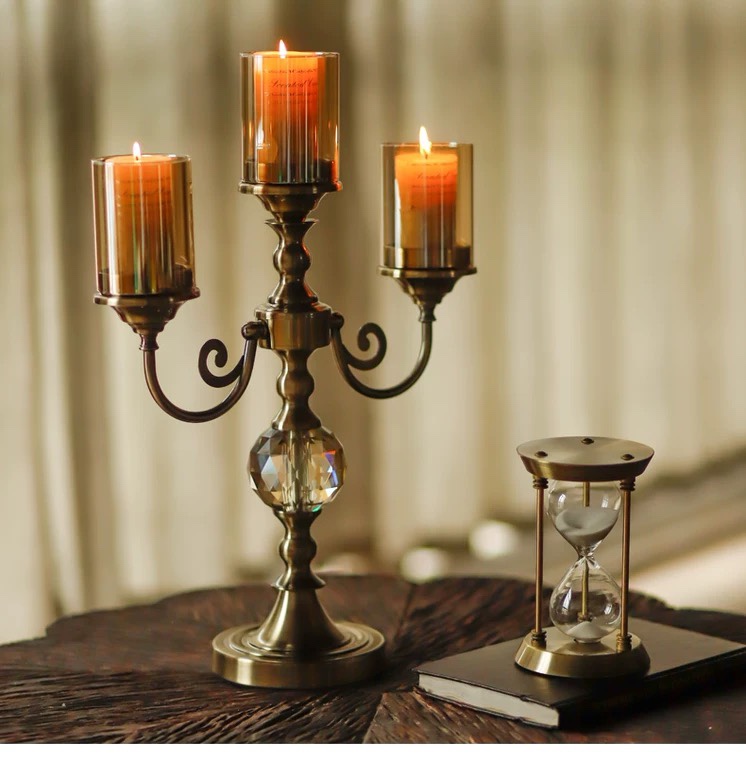 American classical metal glass candlestick European model room retro living room table porch decoration pieces thumbnail