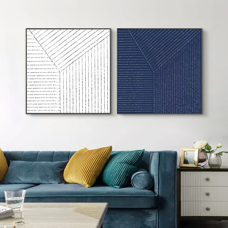 Modern, light luxury and minimalist Nordic decorative paintings with blue, white and yellow lines, bedroom and living room wall paintings, hotel murals and entrance paintings detail image 5