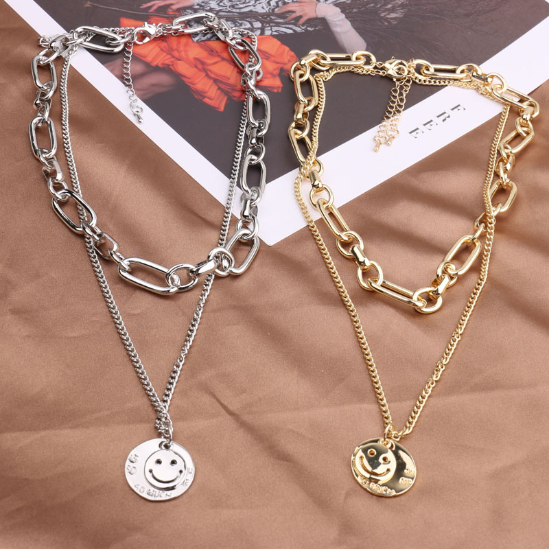 European and American exaggerated Internet celebrity hip-hop hoodie, double-layer smiling face necklace, female coin pendant, sweater chain, personalized collarbone chain trend details Picture