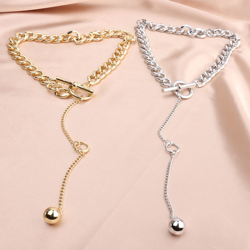 European and American cold style metal chain choker necklace collarbone chain simple and adjustable personalized short tassel ball necklace pic 4
