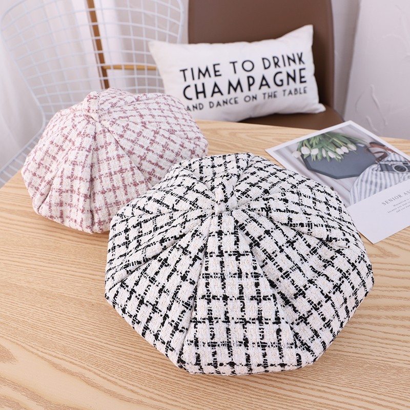 Children's Vintage Checked Beret Girl Princess British Autumn/Winter Bud Hat Foreign Korean Hipster Baby Octagon Hat undefined