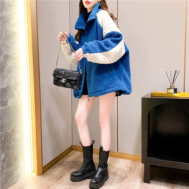 羊羔毛加厚小个子复古外套女百搭韩版宽松拼色百搭夹克 蓝