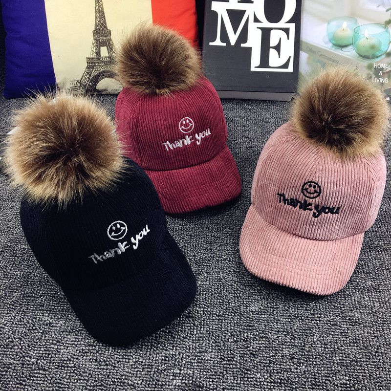 Baby Corduroy duffee Warm Autumn winter Korean version of pure color wool balls boys and girls knitted baseball caps thumbnail