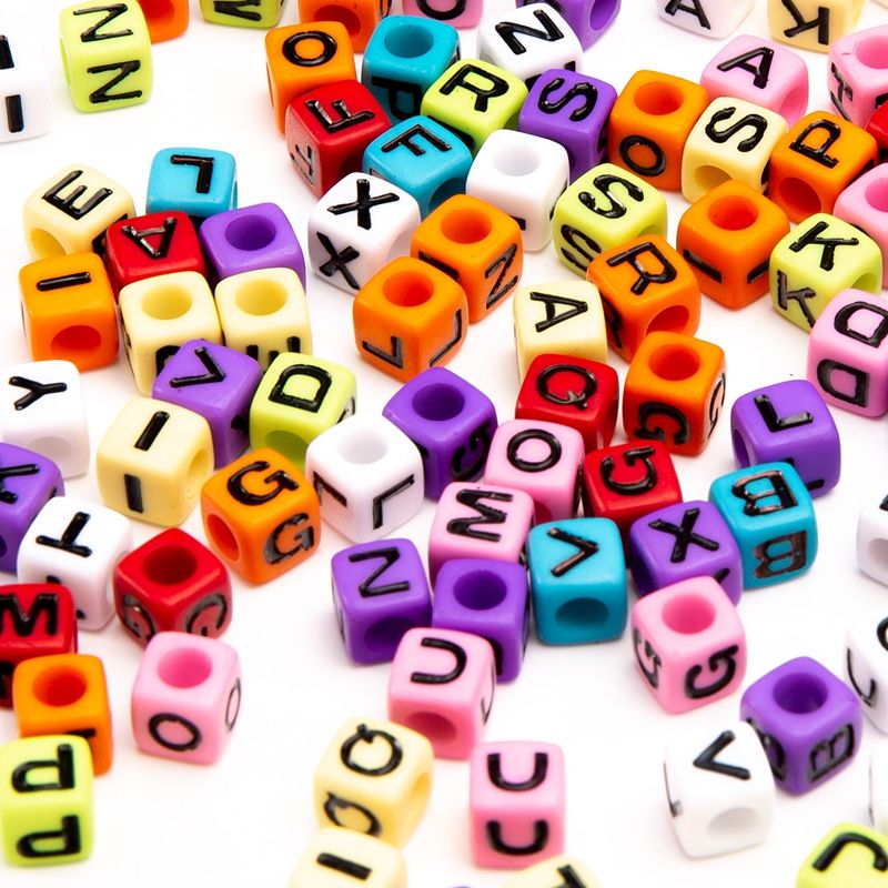 亚克力7MM四方字母珠彩底黑字