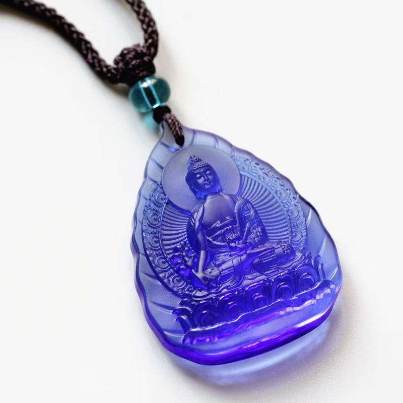 Glass Medicine Buddha pendant, car hanging glass gourd small accessory, half-sided Czech glass jade art piece