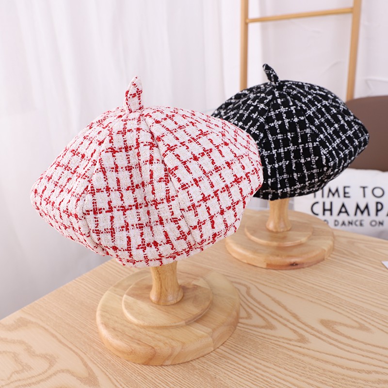 Children's Vintage Checked Beret Girl Princess British Autumn/Winter Bud Hat Foreign Korean Hipster Baby Octagon Hat full figure