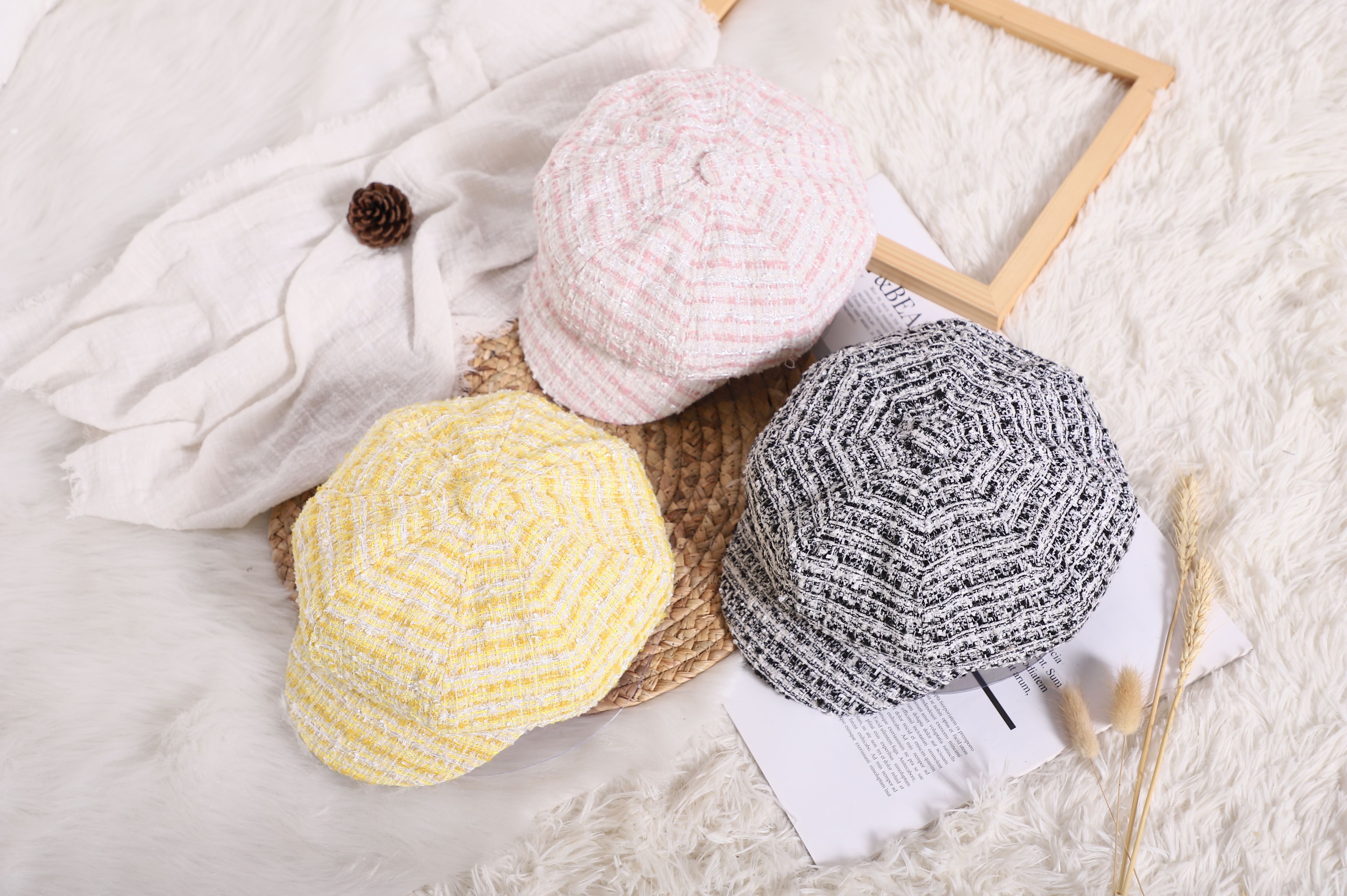 Children's Vintage Checked Berets Autumn And Winter Bud Hats Foreign Korean Hipster Baby Octagon Hats