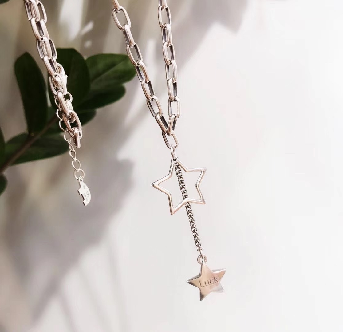 UKI SILVER and Ji S925 Hollowed-out Double star LUCK personalized collarbone chain necklace Specification image