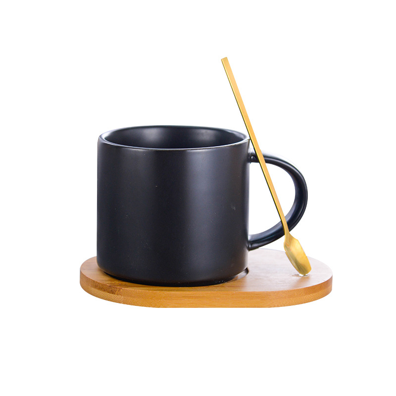 420ml卡尔马龙风格陶瓷杯，全色釉哑光咖啡杯，高档带勺木板垫水杯详情图3