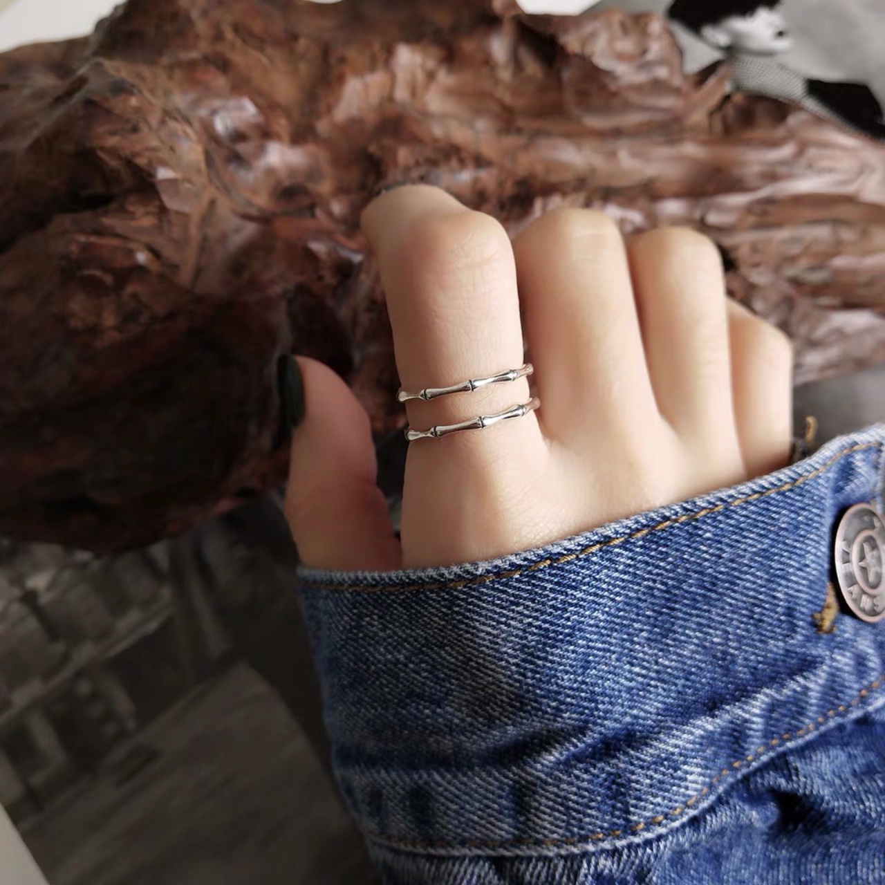UKI SILVER and Season S925 pure silver double-layer bamboo joint index and middle finger rings