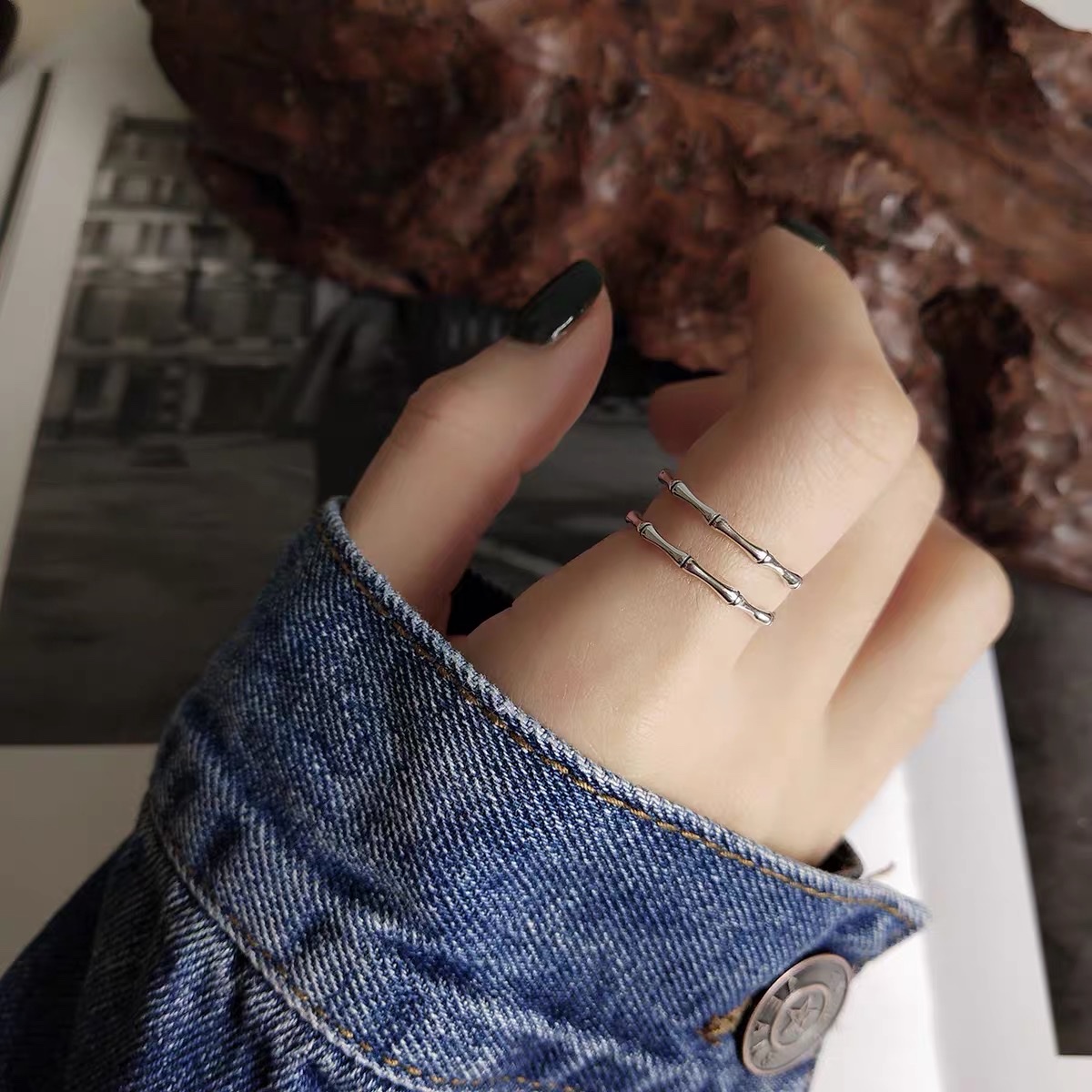 UKI SILVER and Season S925 pure silver double-layer bamboo joint index and middle finger rings details Picture