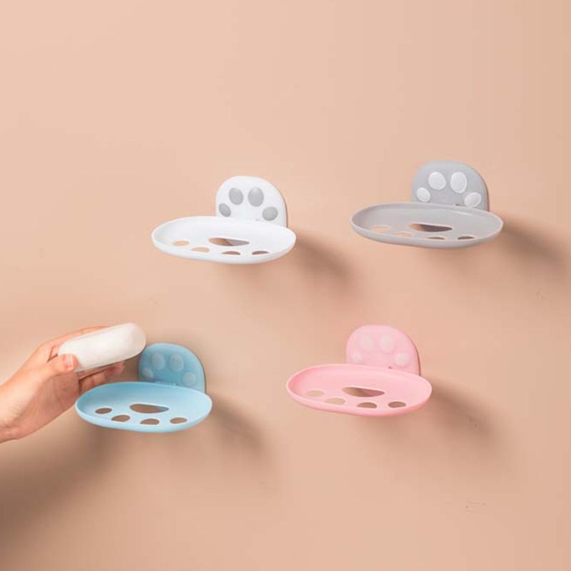 Cute cartoon cat paw no-hole wall-mounted soap box, bathroom and washroom hollowed-out draining soap box storage rack full figure