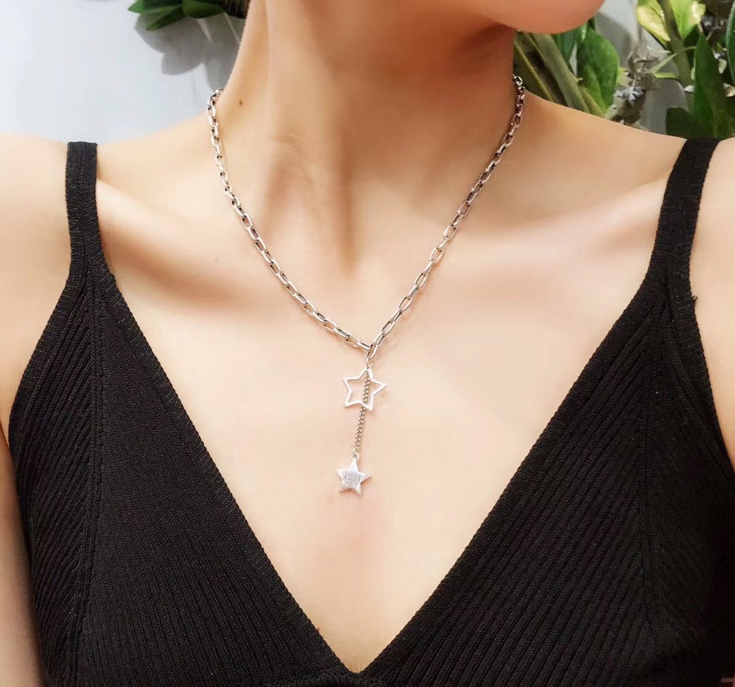 UKI SILVER and Ji S925 Hollowed-out Double star LUCK personalized collarbone chain necklace