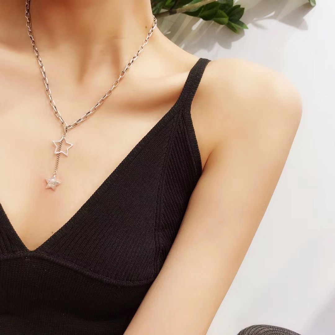 UKI SILVER and Ji S925 Hollowed-out Double star LUCK personalized collarbone chain necklace details Picture
