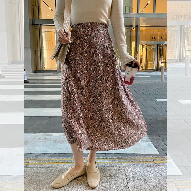 碎花裙 复古油画 米灰碎花