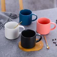 420ml卡尔马龙风格陶瓷杯，全色釉哑光咖啡杯，高档带勺木板垫水杯