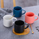 420ml卡尔马龙风格陶瓷杯，全色釉哑光咖啡杯，高档带勺木板垫水杯图