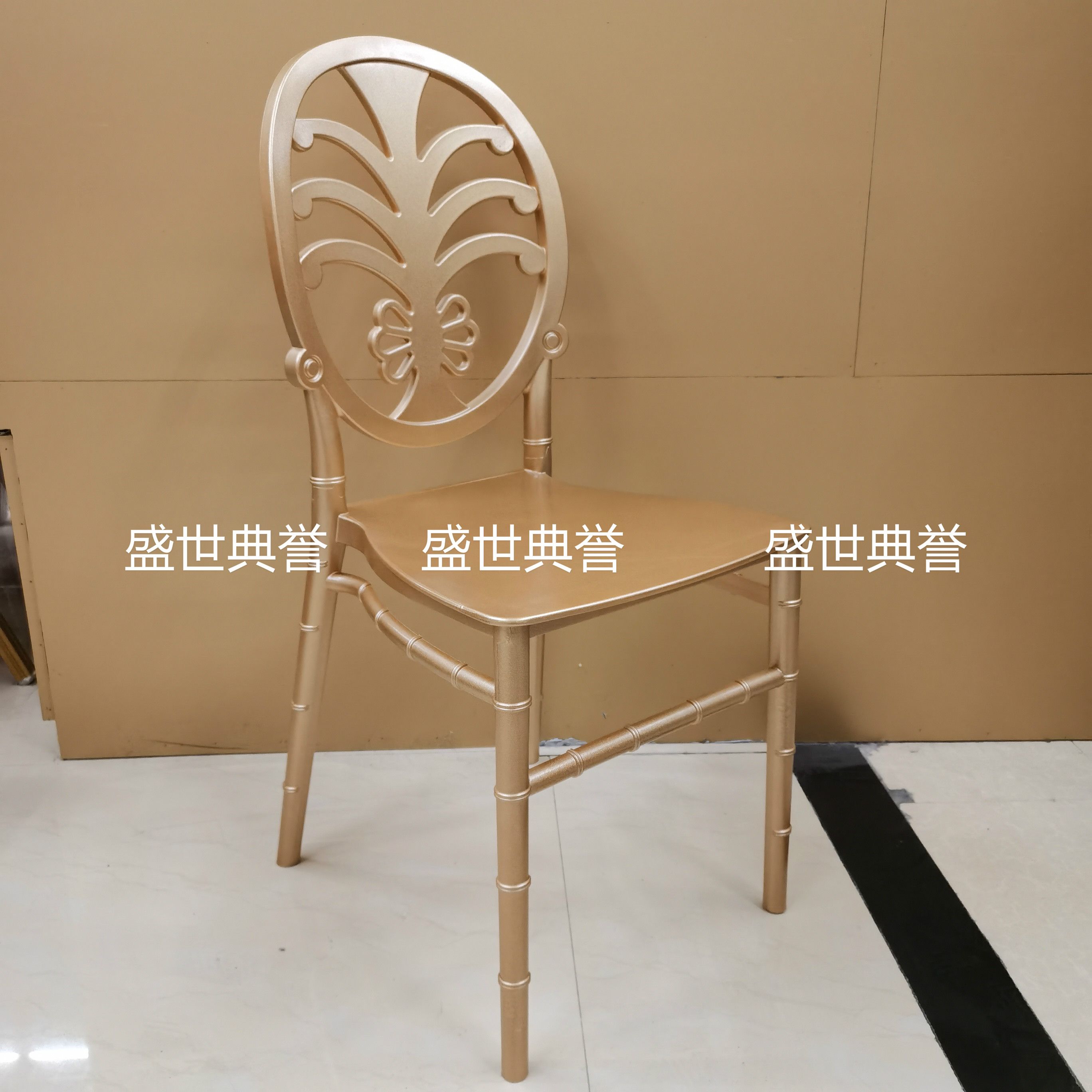 杭州外贸婚庆金色竹节椅酒店宴会厅婚宴餐椅PP塑料一体圆背婚礼椅