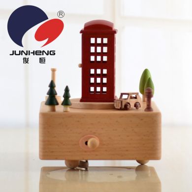 Cross border spot engraved music box telephone box red English style music box wooden handicrafts decoration 1514