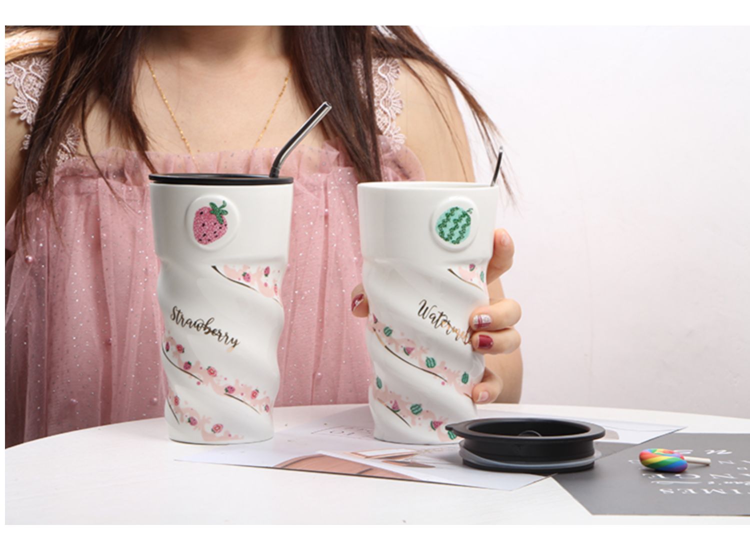 450ml果汁杯，陶瓷杯带盖吸管杯