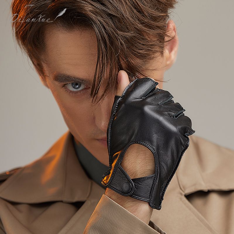 蒂凡雪真皮手套男士半指薄款山羊皮保暖摩托车机车骑行开车
