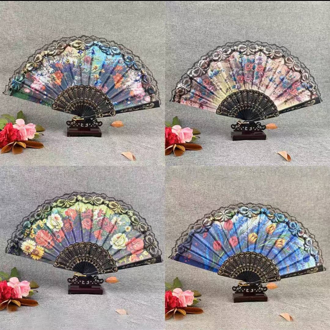 塑料西班牙扇黑色花草扇子批发