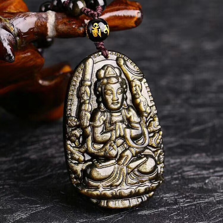 Natural golden stone zodiac Rat Thousand-handed and thousand-eyed Guanyin Bodhisattva.