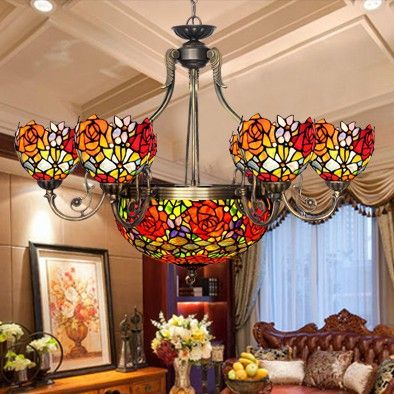 Copper lamp European garden rose pendant lamp Tiffany living room dining room glass decorative lamps