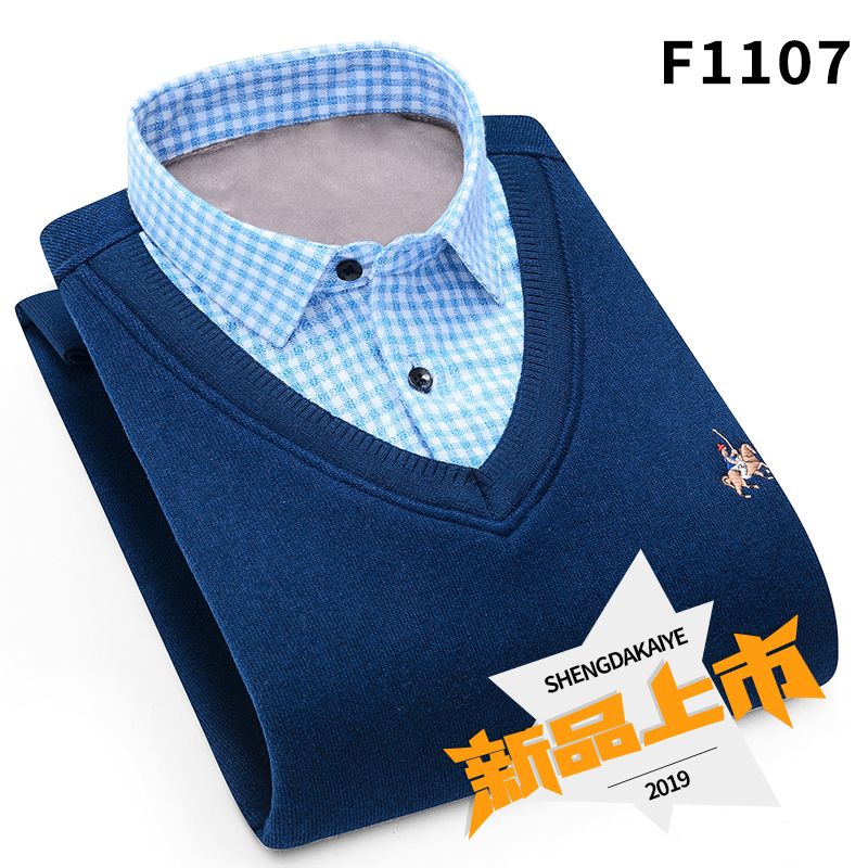 Men's fake two sweaters shirt collar fashion casual men's jacket winter bottom knit shirt man thumbnail
