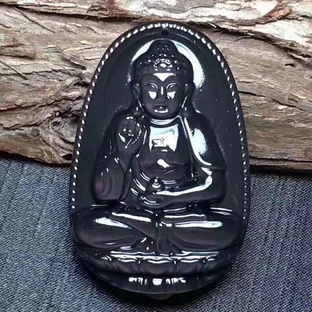 Natural obsidian zodiac signs of pig and dog, Amitabha Buddha and Bodhisattva.