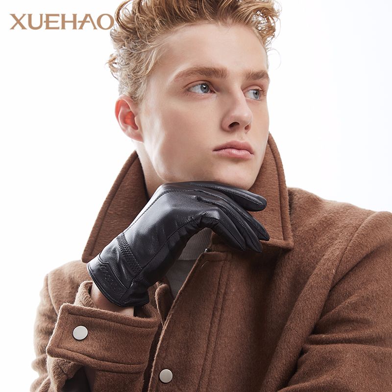 雪豪真皮手套秋冬季山羊皮男士触屏手套保暖加绒加厚防风骑行开车