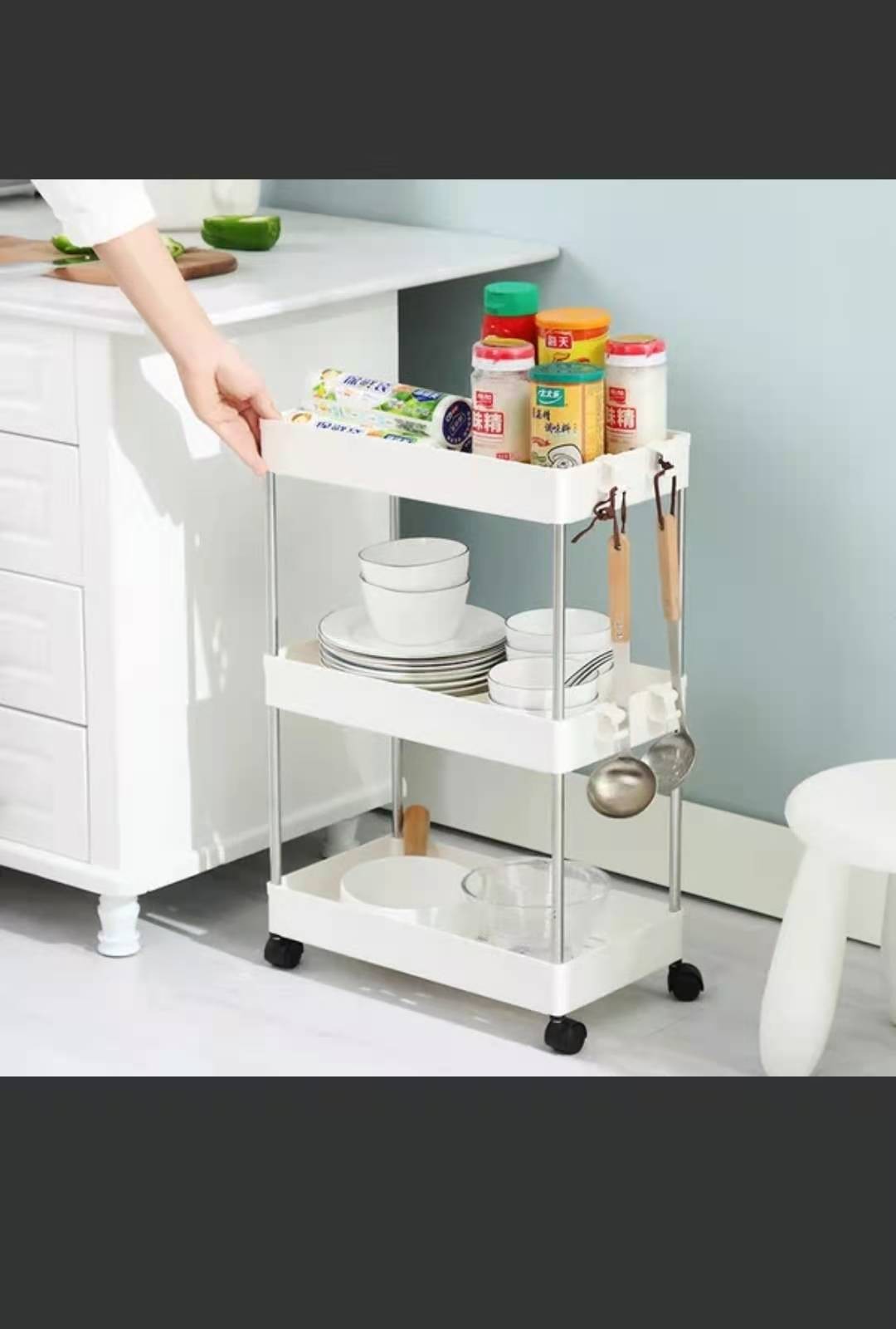 多功能多层移动置物架 三层小号带钩带4轮详情图1