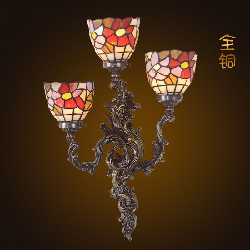 欧式田园美式乡村复古彩玻艺术装饰凤仙花铜壁灯
